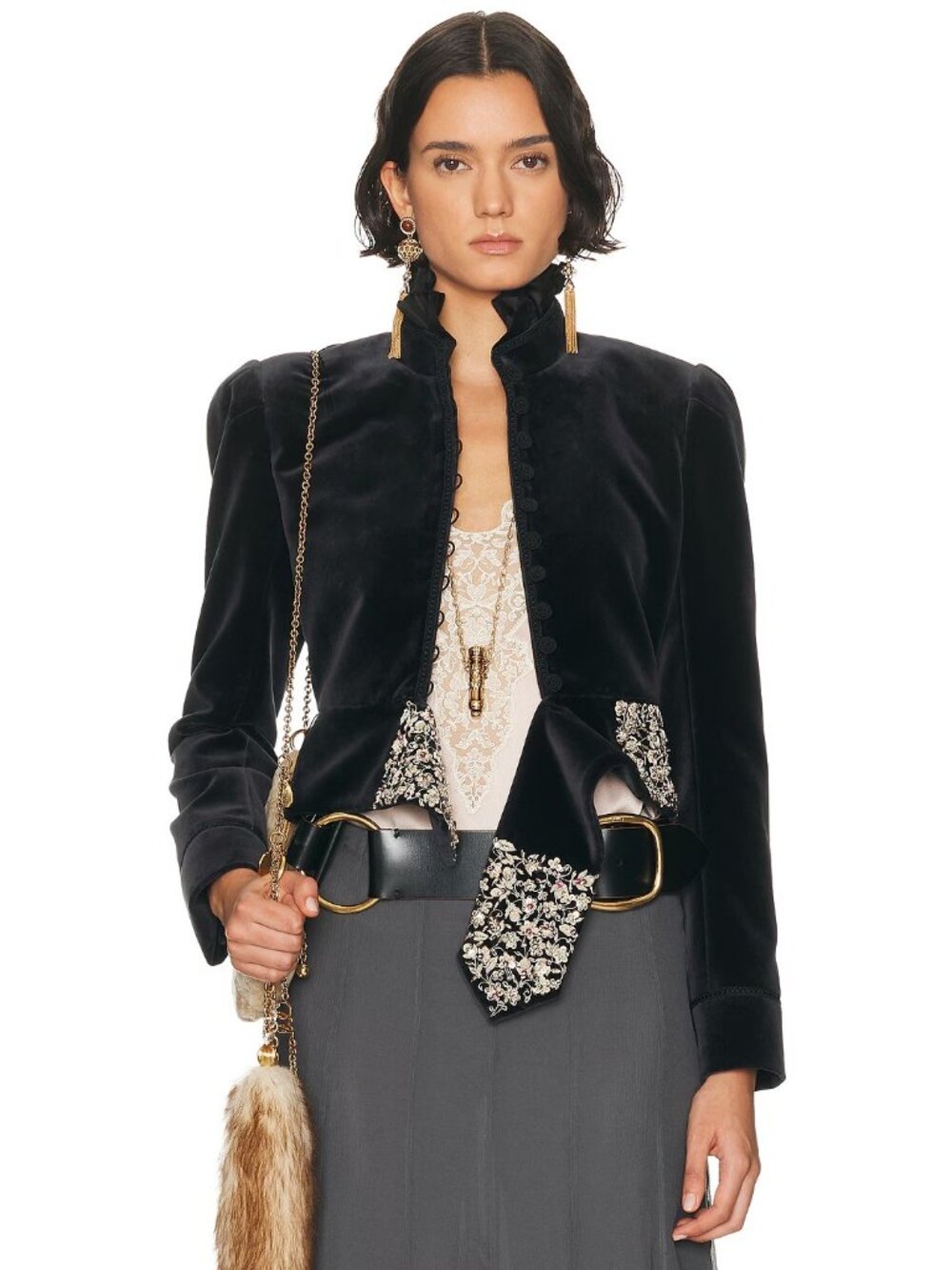 Chloe High Neck Velvet Embroidered Jacket in Ash Black